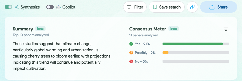 A screenshot of the findings for the cherry tree question on Consensus